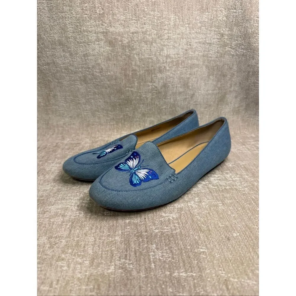 Talbots Women's Embroidered Butterfly Slip-on Denim Loafer Flats Blue Size 8.5